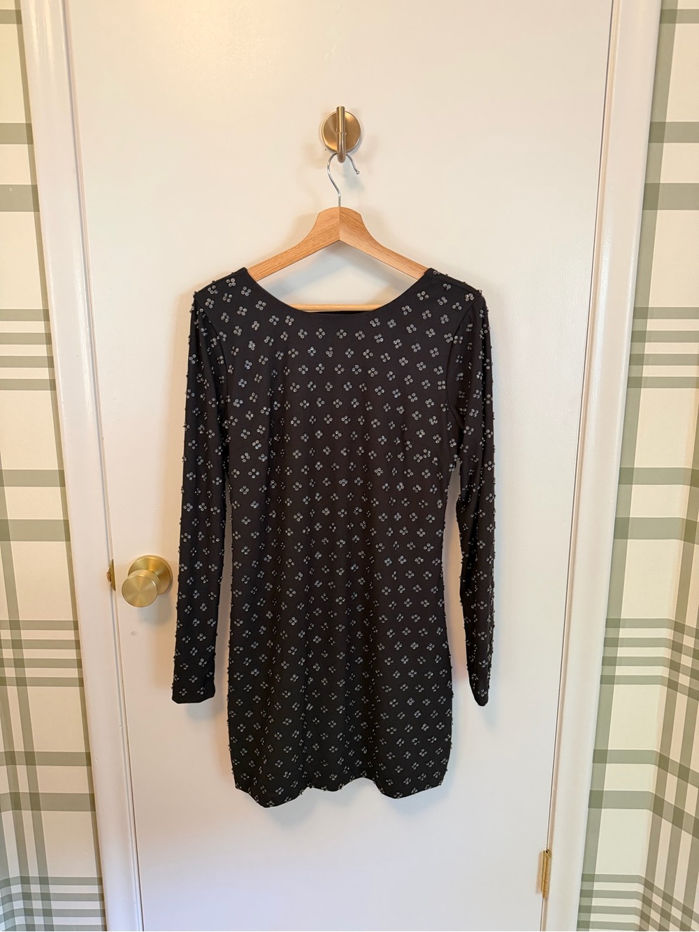 NBD Black Long-Sleeve Patterned Beaded mini Dress